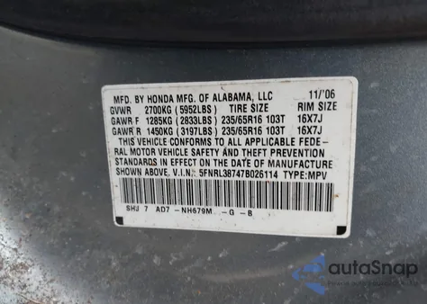 2007 Honda Odyssey Ex-L z USA, uszkodzony, nr VIN 5FNRL38747B026114